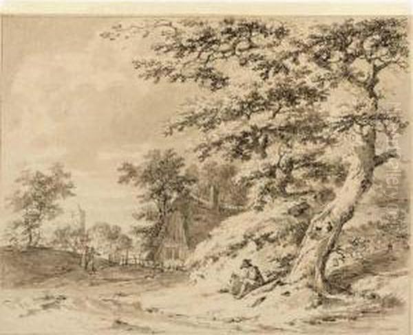 Landscape With A Peasant Seated By A Tree, A Cottage And A Church Behind Oil Painting by Pieter Bartholomeusz. Barbiers IV