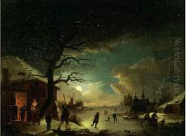 Scene De Patinage Sur Une Riviere Gelee Au Clair De Lune Oil Painting by Pieter Bartholomeusz. Barbiers IV