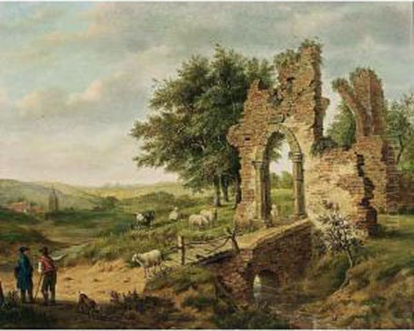 A Landscape With An Artist 
Conversing With A Shepherd, His Flock Grazing Nearby Amongst Ruins, A 
View Of A Hamlet Beyond Oil Painting by Pieter Bartholomeusz. Barbiers IV