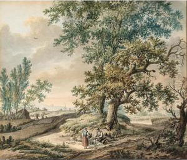 Rural Landscape With A Peasant 
Couple Resting By Large Trees, A Cornfield And A Church Behind Oil Painting by Pieter Bartholomeusz. Barbiers IV