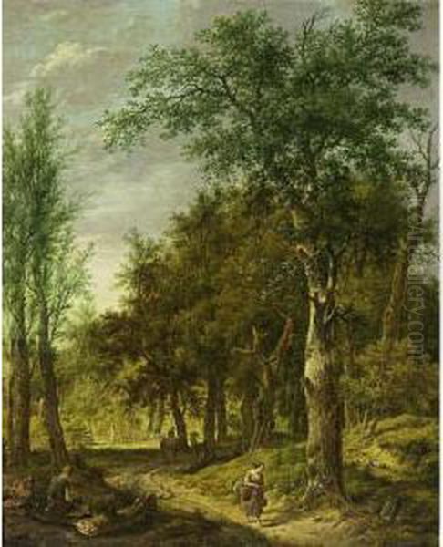 A Wooded Landscape With A Woodcutter Resting On A Stump And Figures On A Path Oil Painting by Pieter Bartholomeusz. Barbiers IV