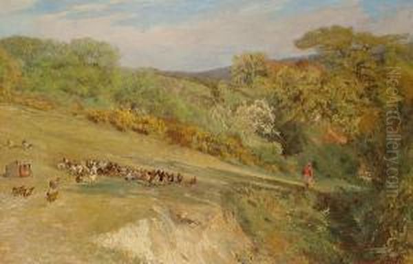 Woman And Poultry In A Rural Landscape Oil Painting by Edgar Barclay