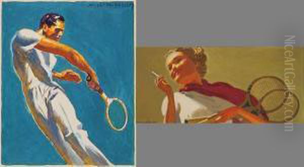 Two Comprehensive Sketches: 
Woman With Tennis Rackets Pauses For A Smoke With Man Hitting Backhand. Oil Painting by Mcclelland Barclay