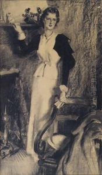 Woman Standing By Fireplace. Oil Painting by Mcclelland Barclay