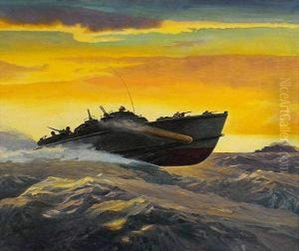 American Torpedo Boat In Rough Seas. Oil Painting by Mcclelland Barclay