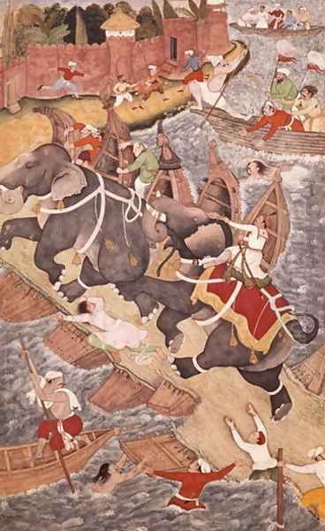 Akbar Tames the Savage Elephant, Hawa'i, Outside the Red Fort at Agra, miniature from the Akbarnama of Abul Fazl, c.1590 Oil Painting by Basawan and Chatai