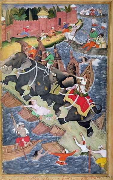 Akbar tames the Savage Elephant, Hawa'i, outside the Red Fort at Agra, miniature from the 'Akbarnama' of Abul Fazl, c.1590 Oil Painting by Basawan and Chatai