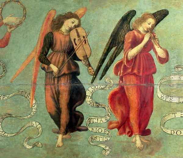 Angels playing the fiddle and pipe, c.1475-97 Oil Painting by Francesco Botticini