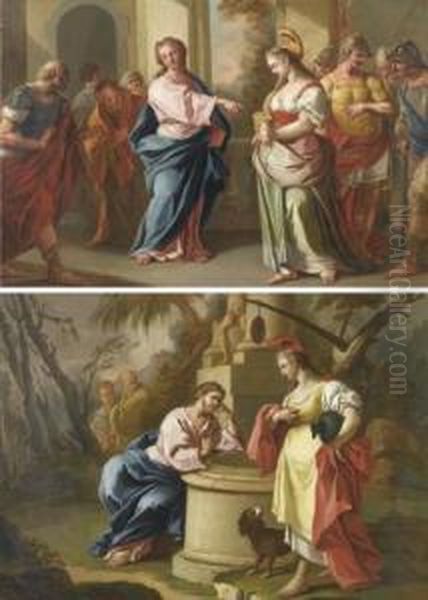 Pair Of Works: Christ And The Adulteress/christ And The Woman Of Samaria. Oil Painting by Pietro Bardellino