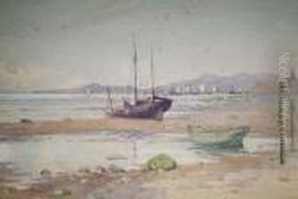 Sailing Boats On The Shore, North Wales Oil Painting by Ralph William Bardill