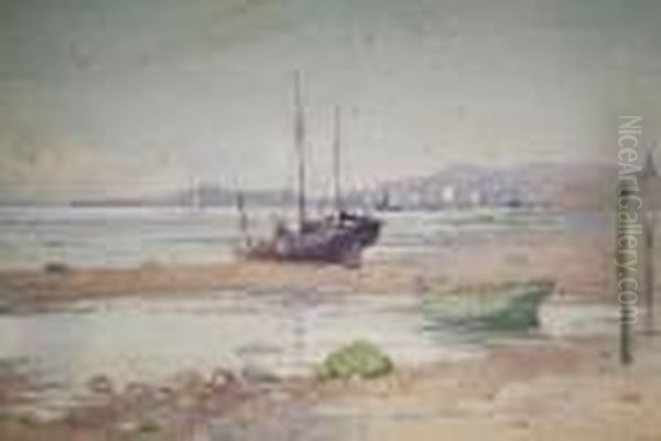 Sailing Boats On The Shore, North Wales Oil Painting by Ralph William Bardill