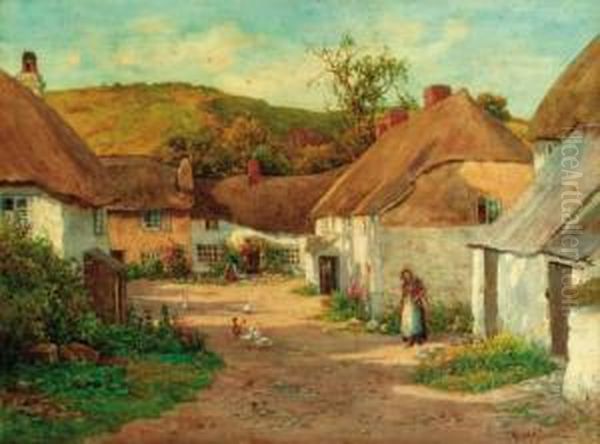 Figures And Geese Before Thatched Cottages Oil Painting by Ralph William Bardill