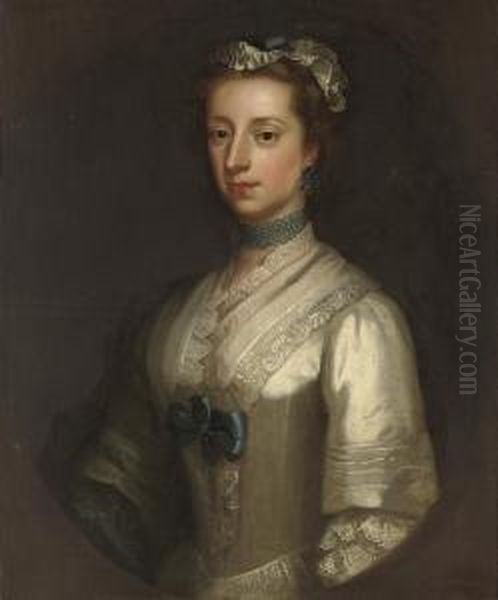 Portrait Of Elizabeth, 
Viscountess Lewisham (d. 1745), Countess Ofguilford, Half-length, In A 
White Dress With Blue Trimmings And Alace Cap, In A Feigned Oval Oil Painting by Thomas Bardwell