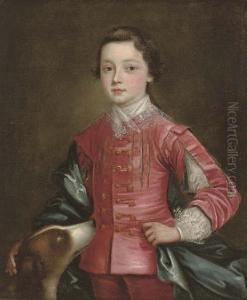 Portrait Of A Boy, 
Three-quarter-length, In A Red Slashed Doublet With A Blue Mantle, A 
Spaniel At His Side Oil Painting by Thomas Bardwell