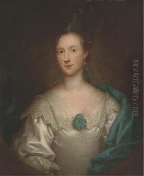 Portrait Of A Lady, Bust-length, In A White Dress And Bluewrap Oil Painting by Thomas Bardwell