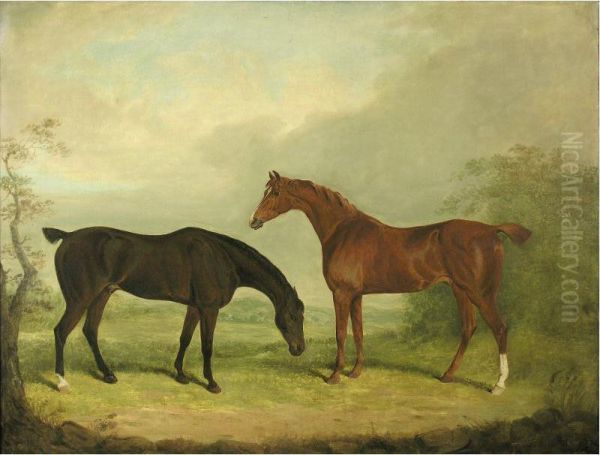 Two Horses In A Landscape Oil Painting by James Barenger