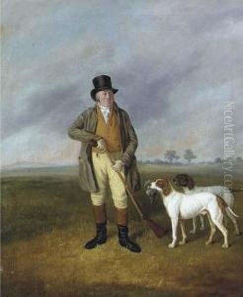 A Gentleman, Partridge Shooting With Two Pointers In Alandscape Oil Painting by James Barenger