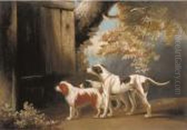 Three Sporting Dogs Waiting For Master Oil Painting by James Barenger