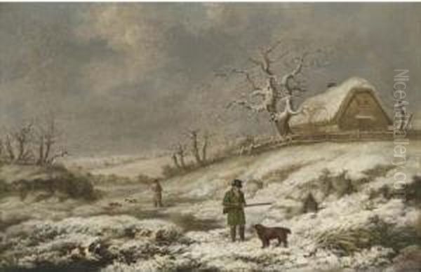 Snipe Shooting In A Winter Landscape Oil Painting by James Barenger