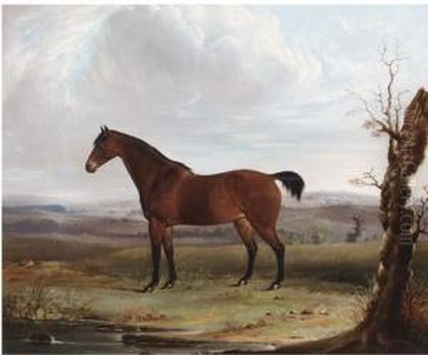 A Bay Hunter In An Extensive Landscape Oil Painting by James Barenger