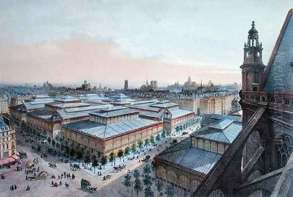 View of Les Halles in Paris taken from Saint Eustache upper gallery, c. 1870-80 Oil Painting by Felix Benoist