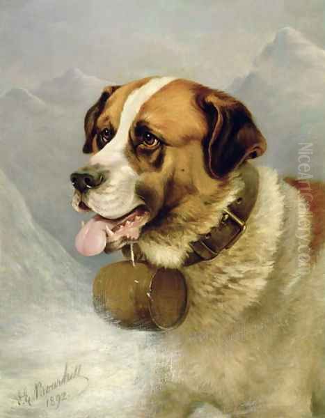 A Portrait of a St. Bernard in an Alpine Landscape Oil Painting by James E. Bourhill