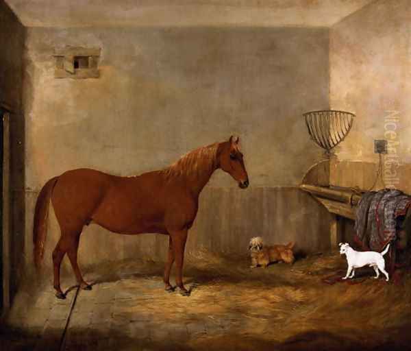 A Hunter and two dogs in a stable Oil Painting by Thomas W. Bretland