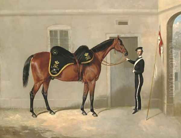 The Charger of Henry Cavendish Taylor, 17th Lancers, held by a trooper outside the Officers Stables at Nottingham Oil Painting by Thomas W. Bretland