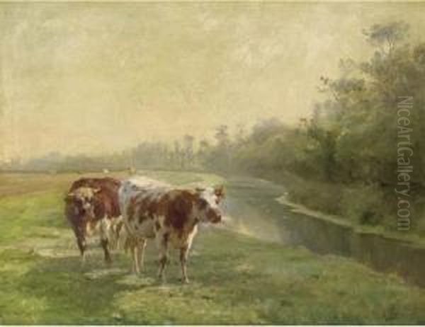 Cows In A Pasture By A Canal Oil Painting by Leon Barillot