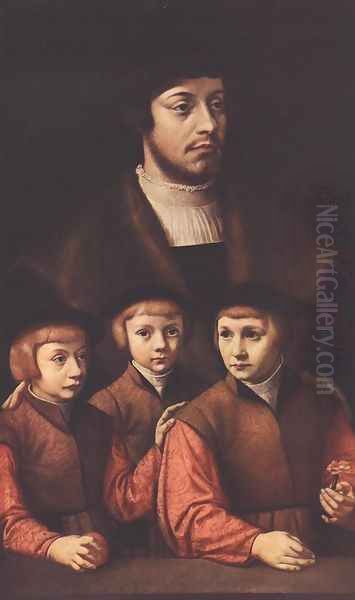 Portrait of a Man with Three Sons c. 1530 Oil Painting by Barthel Bruyn