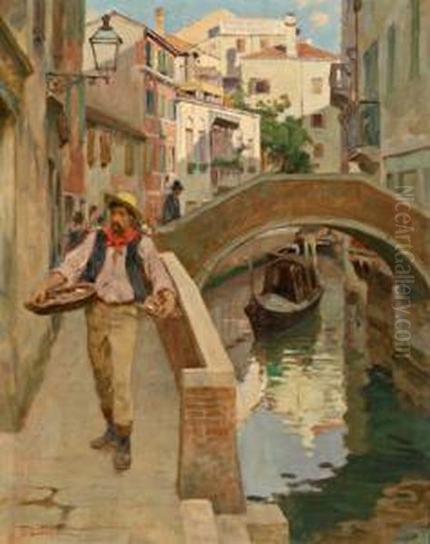 Venditore Di Conchiglie Lungo Un Canale A Venezia Oil Painting by Giuseppe Barison