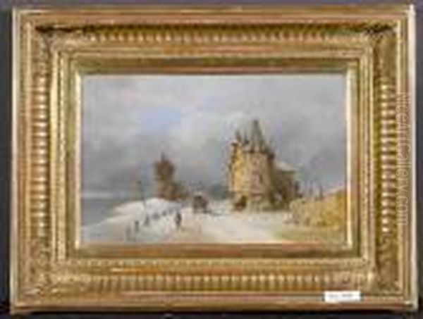 Winterlandschaft Mit Burgartigem Haus Und Fuhrwerk. 1889. Oil Painting by Giuseppe Barison