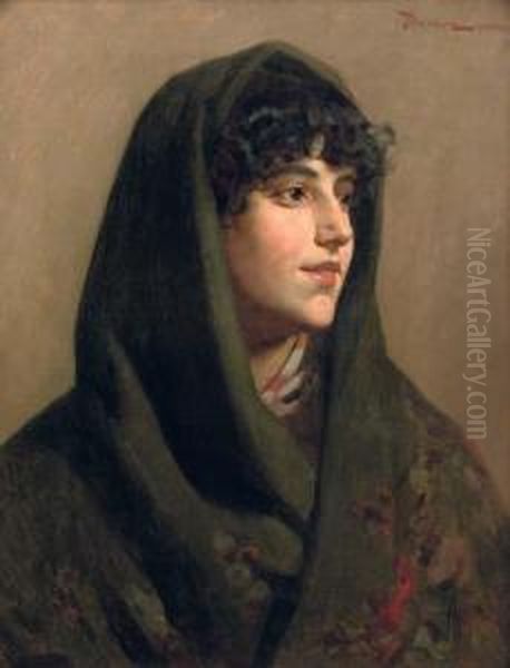 The Green Shawl Oil Painting by Giuseppe Barison