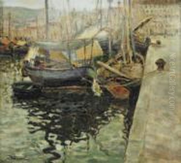 Trieste, Le Rive Con Barche Di Pescatori Oil Painting by Giuseppe Barison