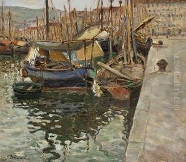 Fischerboote Im Hafen. Oil Painting by Giuseppe Barison