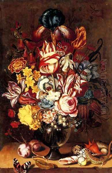 Tulips, peonies, narcissi and other flowers in a glass vase with plums, seashells, a butterfly and a lizard on a ledge Oil Painting by Ambrosius the Younger Bosschaert