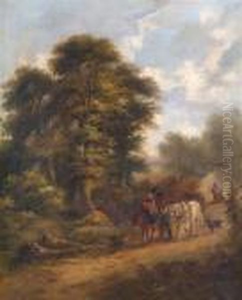 Gypsies On A Road In A Wooded Landscape Oil Painting by John Barker