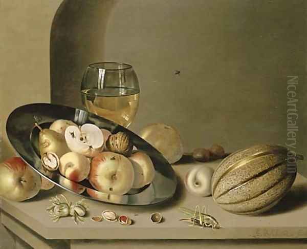 Apples, pears, peaches and walnuts on a pewter plate with fruit, a roemer, a melon, chestnuts and a grasshopper on a stone ledge in a niche Oil Painting by Ambrosius the Younger Bosschaert