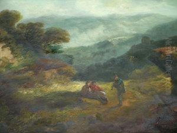 Figures In A Highland Scene With A Piper Oil Painting by John Barker