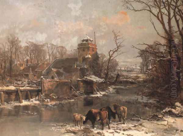 Cattle in a Winter Landscape 1855 Oil Painting by Charles Branwhite