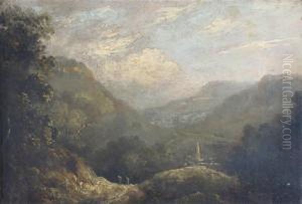 Figures On A Path In A Wooded Valley, A Town Beyond Oil Painting by Benjamin Barker Of Bath