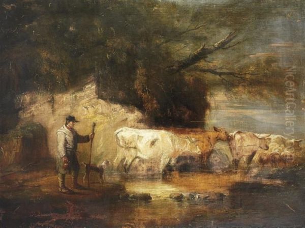 A Herdsman Droving Cattle And Sheep In A River Landscape Oil Painting by Benjamin Barker Of Bath