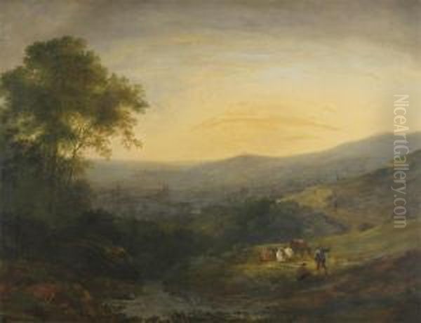 Rustics In An Extensive Landscape With A Distant Town, Possibly Bath Oil Painting by Benjamin Barker Of Bath