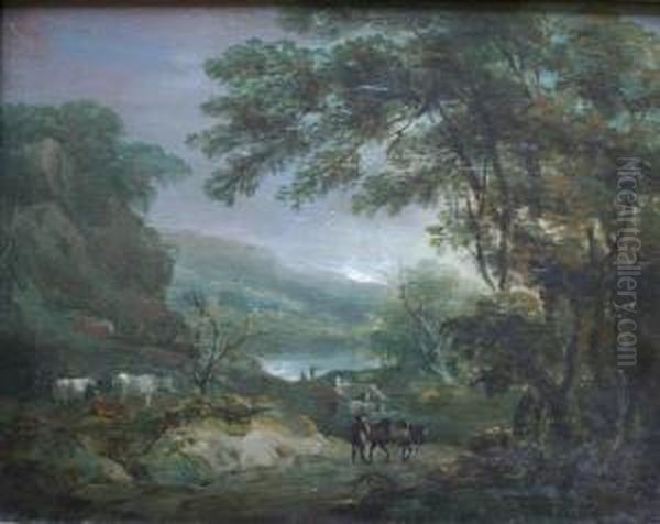 Attributed To Benjamin Barker Of
 Bath A Wooded Lake Landscape With Cattle And A Traveller With A Horse 
On A Lane Oil On Panel 23.5 X 29.5cm Oil Painting by Benjamin Barker Of Bath