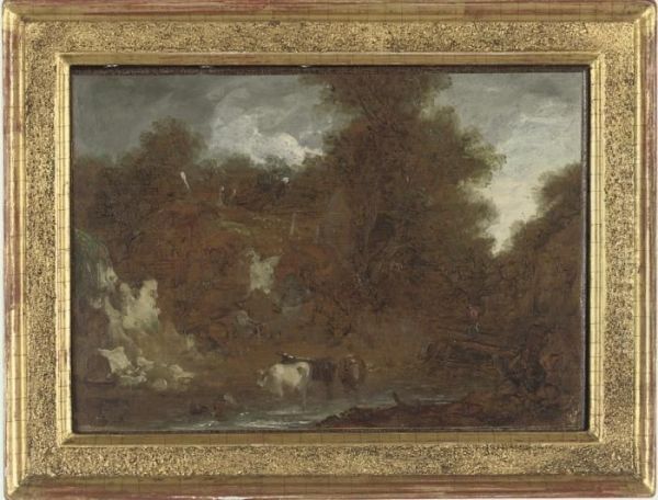 Cattle In A Woodland Stream Oil Painting by Benjamin Barker Of Bath