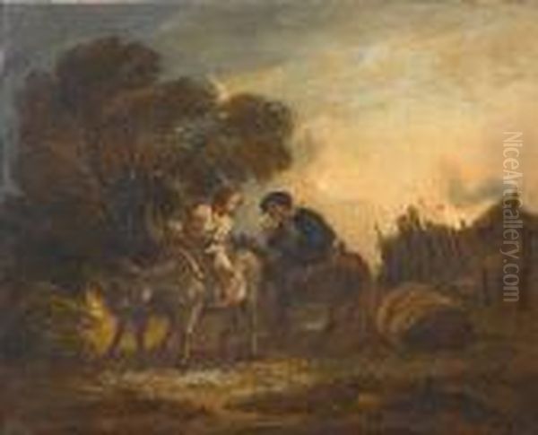 Travellers On Donkeys On A 
Country Path; A Shepherd And Shepherdess In A Landscape With Horses 
Beyond Oil Painting by Benjamin Barker Of Bath