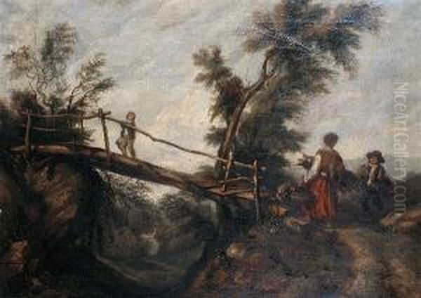 A Young Peasant Woman Collecting Firewood On A Country Path, A Wooden Bridge Beyond Oil Painting by Benjamin Barker Of Bath