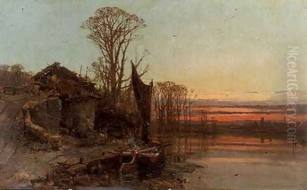 Landscape with a Ruined Cottage at Sunset, 1898 Oil Painting by Charles Branwhite