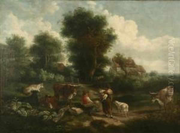 Figures And Cattle In A Landscape Oil Painting by Benjamin Barker Of Bath