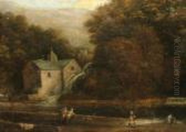 Follower Of Benjamin Barker Of 
Bath -- Figures By A River With A Mill And Woodland Beyond Oil Painting by Benjamin Barker Of Bath